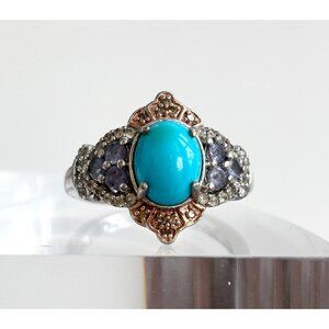 Tanzanite & Sleeping Beauty Turquoise Vintage Multi Sterling Silver Ring - sz 10